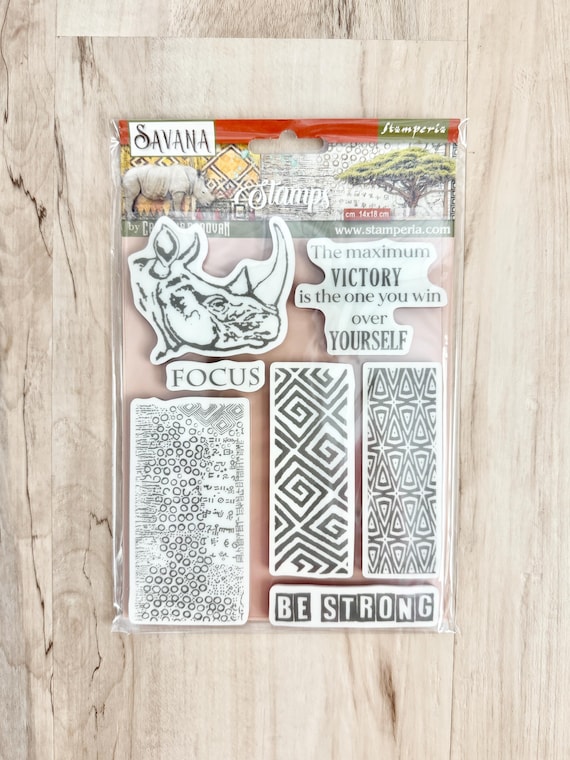 Stamperia Savana Grafiti Stamp Set, 7 pc, paper crafting, card making, art journaling, scrapbook, rhinoceros, animal print, African Safari