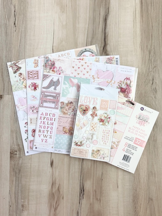 Prima  Magic Love 8x8 Paper Pad, 12x12 Paper Pack, or Chipboard Stickers, cards, journal