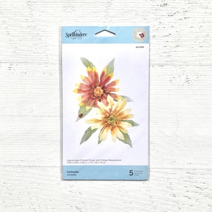 Könnte beinhalten: Eine Packung mit fünf ausgestanzten Papierblumen zum Basteln. Die Blumen sind gelb und orange mit grünen Blättern. Die Verpackung trägt die Aufschrift "Gaillardia" und "Spellbinders". Die Blumen messen 1,3 Zoll mal 1,3 Zoll.