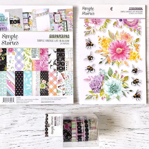 Simple Stories Simple Vintage Life In Bloom, 6X8 paper pad, Sticker Book, or Washi Tape, scrapbooking, paper crafting, card making, journal