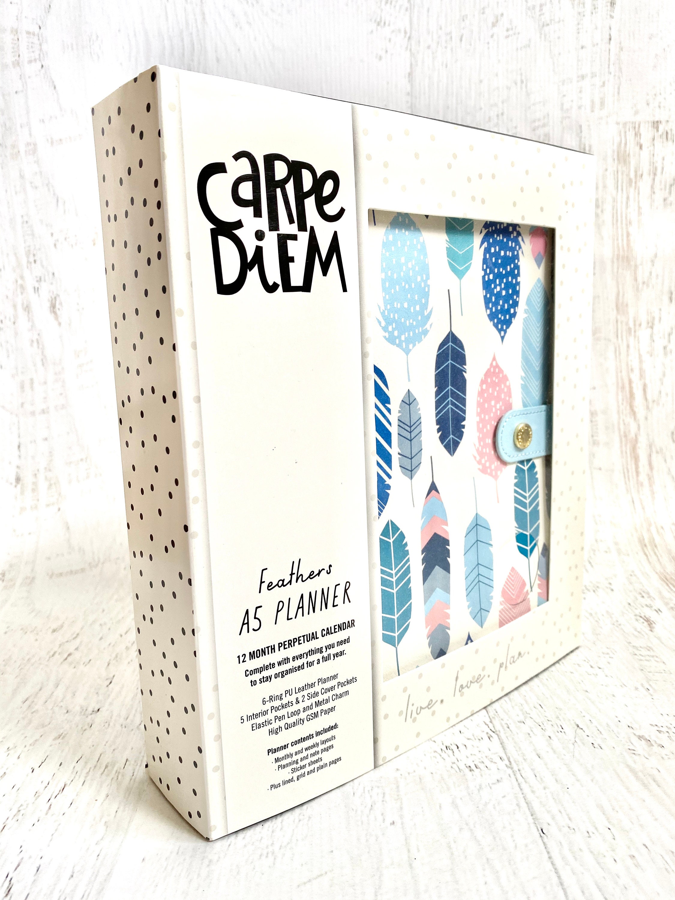 Carpe Diem Planner Feathers Boxed Set, A5, 6 Ring Simulated Leather W/ 4  Interior Pockets, 2 Side Pockets, Elastic Pen Loop, & Charm 