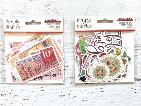Simple Stories Simple Vintage Berry Fields Layered Bits (18 pcs) or Bits & Pieces (59 pcs), planner, card making, paper crafting, collage