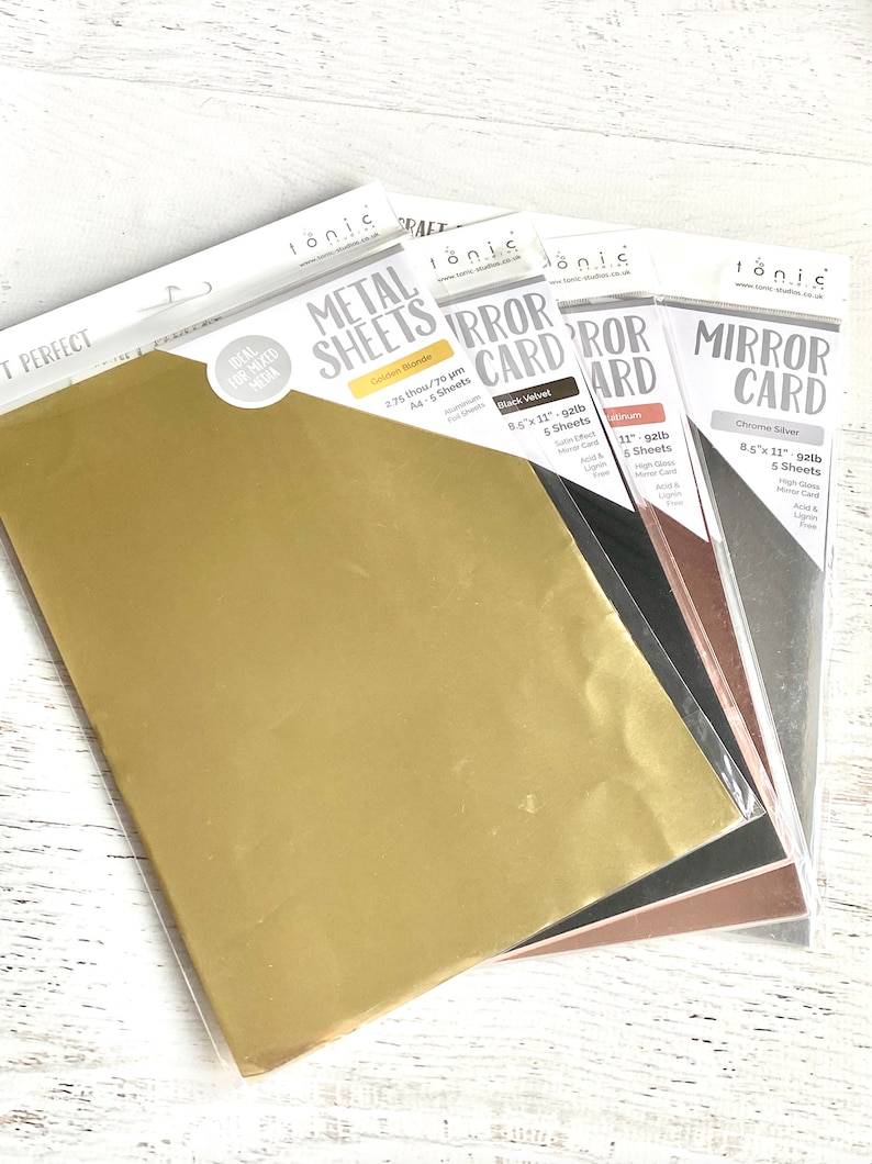Mirror Card if finished in a High Gloss film.  This pack contains 5 sheets of 8.5" x 11". Mirror Card  is created using a high-quality film in a variety of vibrant and unique colours. Available in a high gloss shine and a soft satin effect