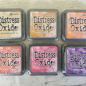 Almohadillas de tinta Distress Oxide de Tim Holtz, Ranger, lino antiguo, miel silvestre, calabaza tallada, coral abandonado, frambuesa recogida, violeta marchita