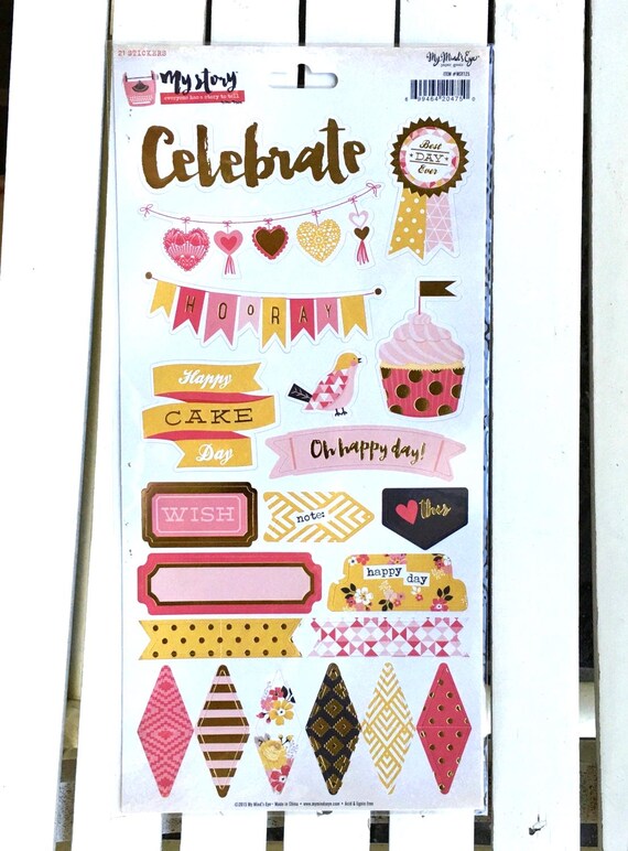My Mind's Eye My Story Celebrate sticker sheet of 21 gold foiled stickers, for planners, mini albums, card making, scrapbooking, planner