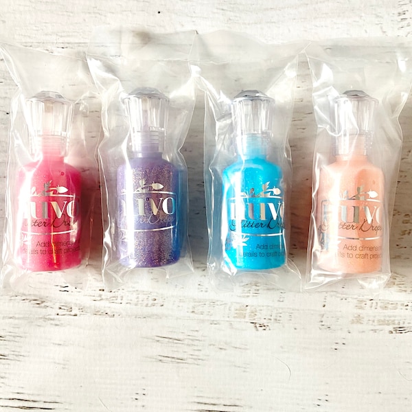 Nuvo Glitter Drops, by Tonic Studios, 1 oz bottle, Sherbert Shimmer, Sugar Plum, Blue Lagoon, Summer Sunrise, add dimension, paper crafting