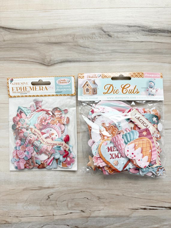 Stamperia Candy Christmas Chipboard Die Cuts (46 pc) or Adhesive Ephemera (32 pc), pink/blue, card making, paper crafting, scrapbooking