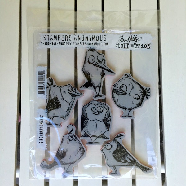 Stampers Anonymous Crazy Birds stamp set by Tim Holtz, cling stamp set of 6 stamps, for art journaling, card making, mixed media, scrapbook