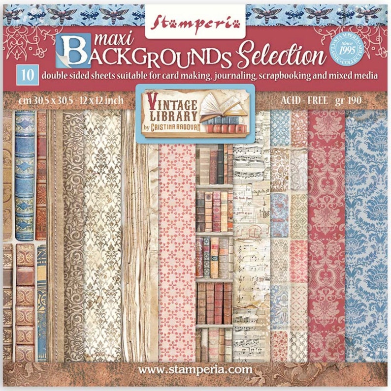 Stamperia Vintage Library Paper Collection or Maxi Backgrounds Selection, 12X12, 10 dbl-sided sheets/pkg, scrapbooking, cards, paper crafts Maxi Backgrounds