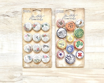 Tim Holtz, Ideaology, Vintage or Quote Flair, Metal embellishment buttons, paper crafting, altered art assemblage, vignette, diorama, cards