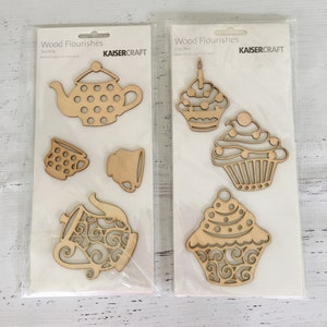 Kaiser Craft Holz Schnörkel, Teeparty oder Cupcakes, Verzierungen, Papierherstellung, Kartenherstellung, Scrapbooking, Mischtechnik, lackieren/sprühen
