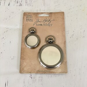 Tim Holtz, Ideaology, Pocket Watches, Metal embellishments w/ clear face, 2/pkg, paper crafting, altered art assemblage, vignette, diorama,