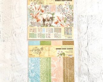 Paquete de colección Graphic 45 Wild and Free de 12 x 12 o bloc de patrones y sólidos, manualidades de papel, álbumes de recortes, creación de tarjetas, zoológico, safari, colección de papel