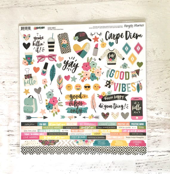 Good Vibes Combo Cardstock Stickers, 12 X 12 sticker sheet, Simple Stories, planners, papercrafting, cards, scrapbooks, art journal