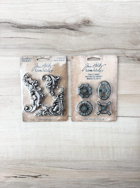 Tim Holtz, Ideaology, Faucet Knobs or Flourish Adornments, embellishment, mixed media, altered art assemblage, vignette, paper crafting