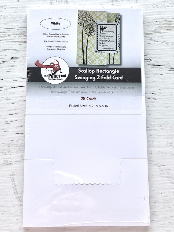The Paper Cut pre-cut card pack of 25, A2, scallop rectangle swinging z-fold (white or ivory), Horizontal Center Step, or Outer Stair Step