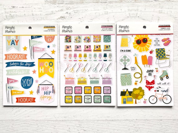 Simple Stories Celebrate!, Let's Get Crafty, or Summer Lovin' sticker book, 12 shts ea, planner, card making, paper crafting, art journaling