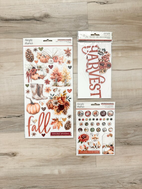 Simple Stories Simple Vintage Autumn Breeze Chipboard Stickers, Page Pieces or Decorative Brads, Fall paper crafts, card making, art journal