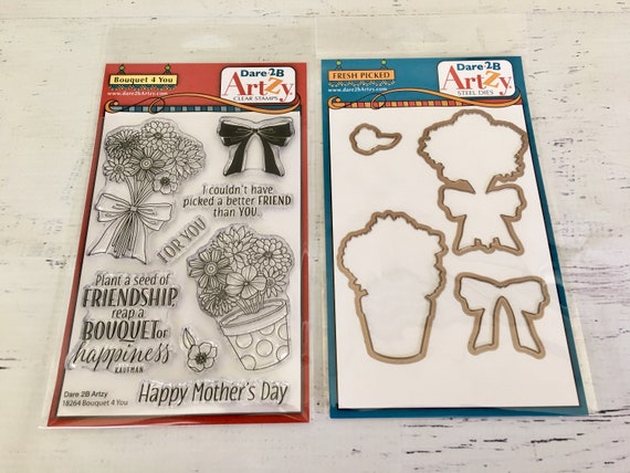 Dare 2B Artzy Bouquet 4 You Stamp & Die Set, for card making, papercrafting, scrapbooking, flowers, flower pot, bow, for you, sentiments