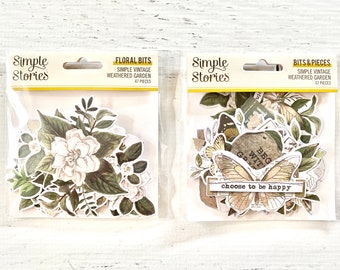 Simple Stories Simple Vintage Weathered Garden Floral Bits (47 pcs) or Bits & Pieces (57 pcs), planner, card making, paper crafting, collage