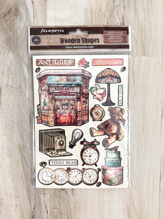 Stamperia Brocante Antiques A5 Wood Laser Cuts (15 pc), paper crafting, mixed media, art journaling, card making, die cuts, clocks, camera
