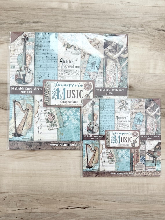 Stamperia Music Paper Collection, 12X12" or 8x8"", 10 dbl-sided shts/pkg, vintage style, scrapbooking, card making, paper crafting, violin