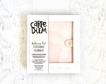 Carpe Diem Personal Planner Boxed Set, Ballerina Pink, 6 ring simulated leather, 4 interior/2 side pockets, pen loop, metal charm, calendar