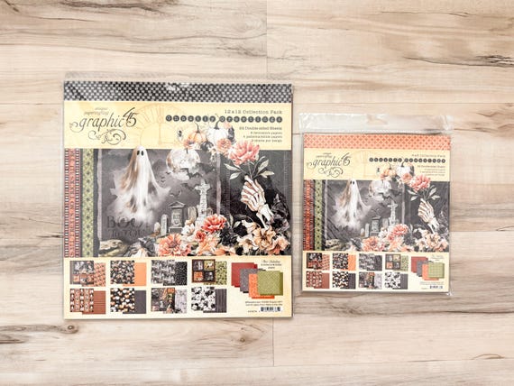 Graphic 45 Ghostly Greetings Collection Pack 12x12 or 8X8", Halloween, paper crafting, card making, journal, ghosts, pumpkin, bat, graveyard