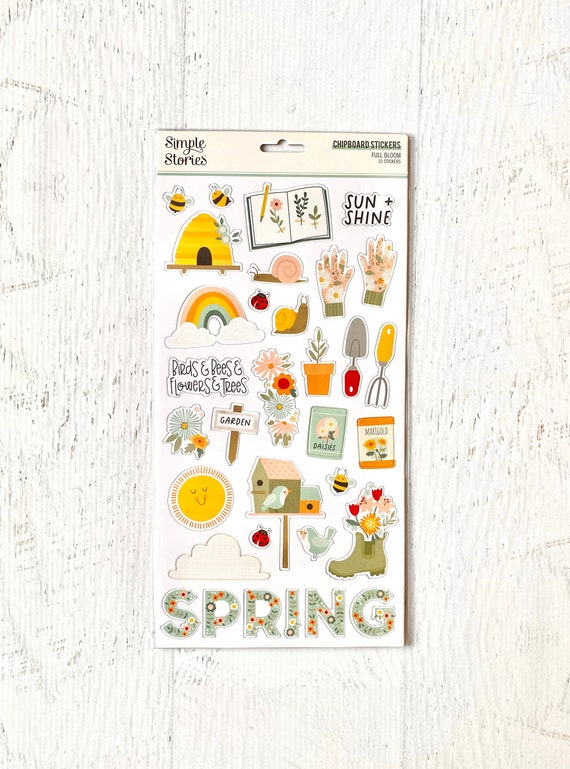 Full Bloom chipboard stickers (33 pcs) by Simple Stories, flowers, gardening, bees, yellow, blue, scrapbooking, card making, art journaling