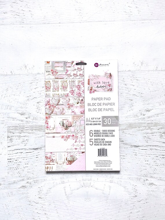 Prima With Love A4 Paper Pad, 8.27x11.69", 30 dbl-sided sheets, 6 designs-5 sheets each, card making, paper crafting, scrapbooking, journal