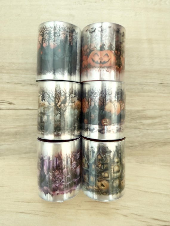 Halloween Dark Night Party PET Tape, 1.54 x1.77x78.74" roll, Pumpkins, haunted house landscapes, candles, jack-o-lanterns, village landscape