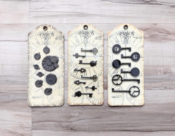 Graphic 45 Metal Embellishments, Ornate Metal Keys, Metal Clock Keys, or Decorative Metal Clocks, Junk Journaling, altered art