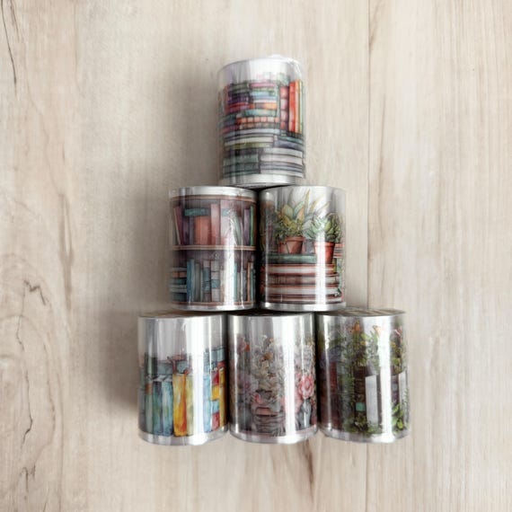Sea of Books PET Tape, 1.5 x2 x78.7" roll, florals, books, butterflies, shelves, potted plants, paper crafting, card making, junk journaling