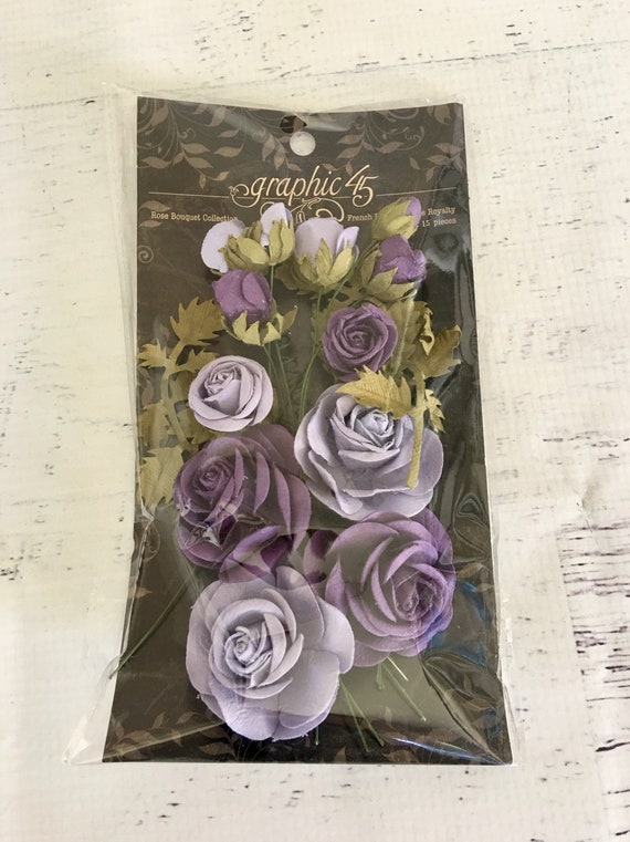 Graphic 45 Rose Bouquet Collection, 15 pcs ea pkg, Sold in 4 colors, paper flowers for scrapbooking, card making, mixed media, embellishment