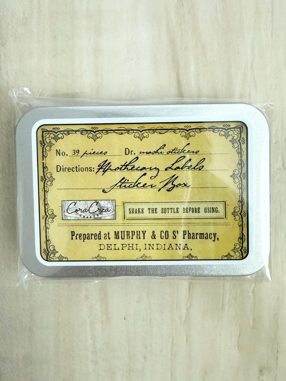 Apothecary Paper Washi Stickers by CoraCreaCrafts, 39 stickers, in a tin
