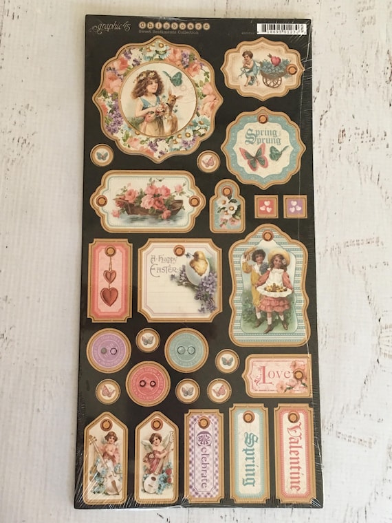 Graphic 45 Sweet Sentiments chipboard stickers, self adhesive, scrapbooking, vintage style, flowers, planner, card making, paper crafting