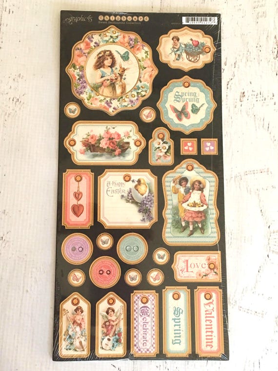 Graphic 45 Sweet Sentiments chipboard stickers, self adhesive, scrapbooking, vintage style, flowers, planner, card making, paper crafting
