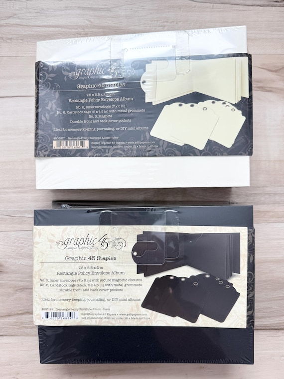 Graphic 45 Rectangle Policy Album, Black or Ivory, 7.5 X 5.5 X 2", inc. 8 Heavy card stock quality tags & 6 inner envelopes