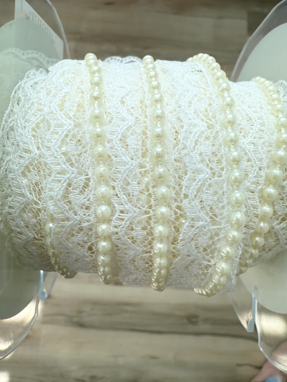 May Arts 3/4 inch Lace with Pearl center Trim Ribbon in ivory, sold by the yard, for scrapbooking, card making, sewing, fabric arts