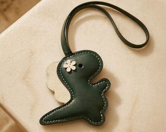 Handcrafted Leather Dinosaur Bag Charm, Hand-Stitched Keychain, Tote Accessory