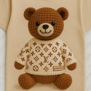 Puede incluir: Una camiseta color beige con un oso de peluche marrón que lleva un suéter crema. El suéter tiene un patrón marrón repetido y el texto "LD IS VUITTE". El oso de peluche tiene una cara sonriente.