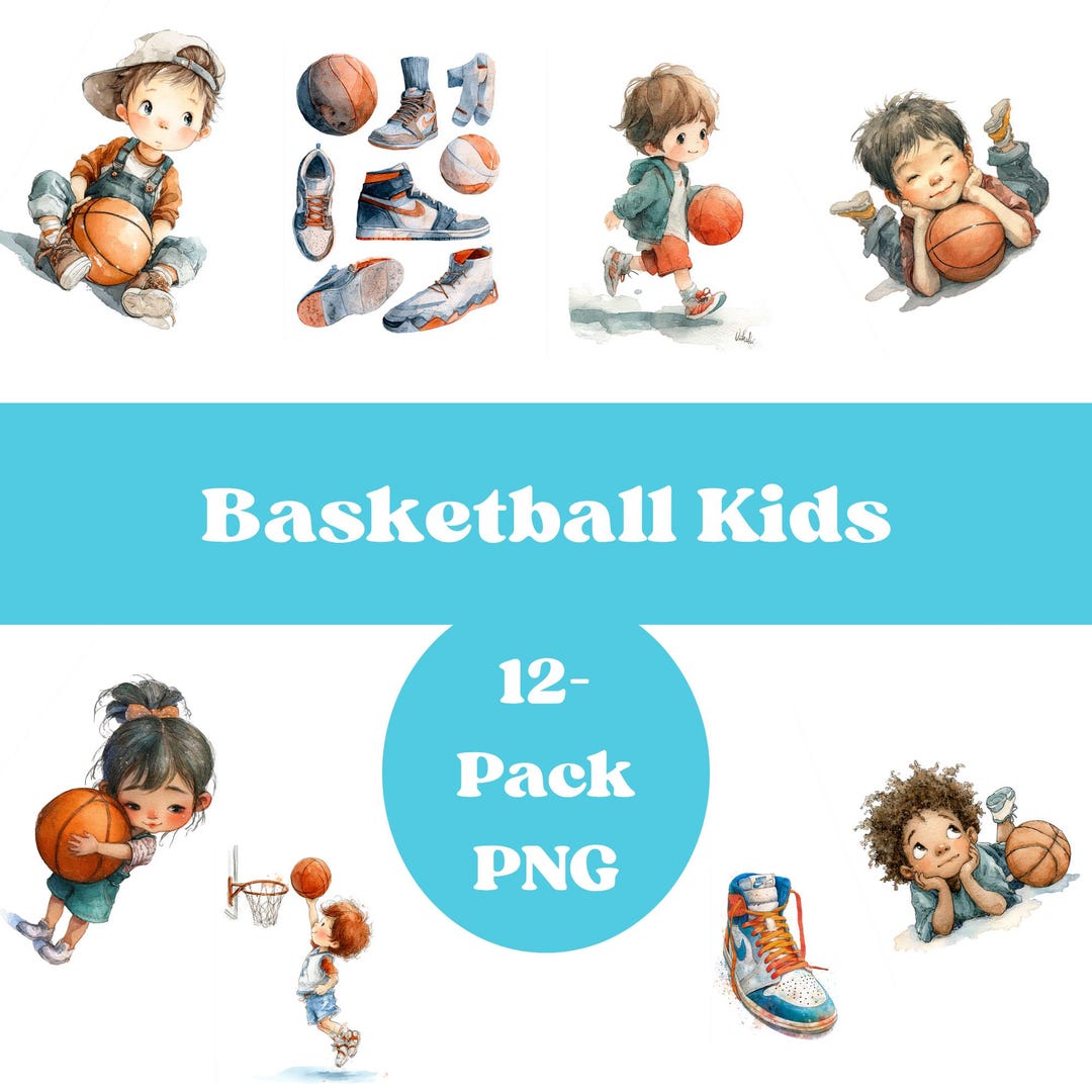 Basketball Kids Clipart Bundle | 12 PNG Waterverf Illustraties | Kinder ...