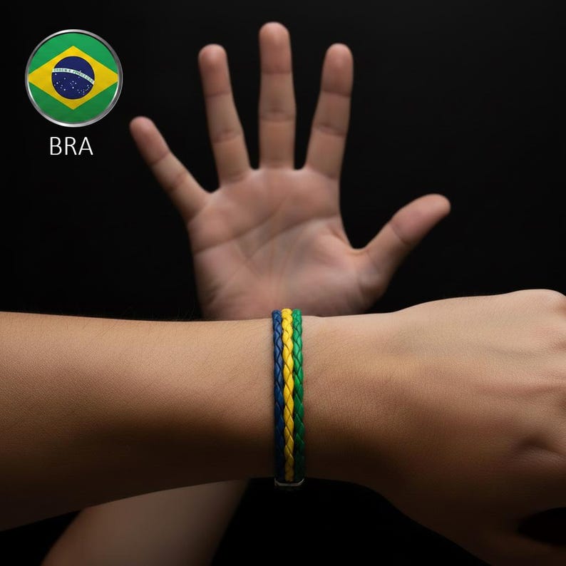 BRA flag colors braided multi-strand leather bracelet.