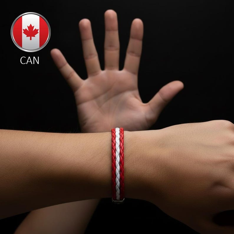 CAN  flag colors braided multi-strand leather bracelet.