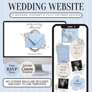 Blue Whimsical Floral Wedding Website Template, Editable Wedding, Blue wedding invite, Old Money Aesthetic Wedding, Digital Download