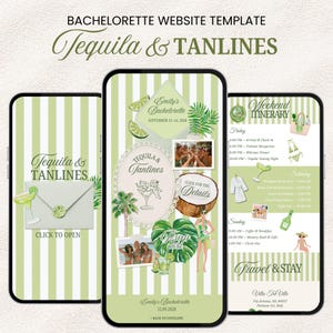 May include: A digital bachelorette website template titled Tequila & Tanlines featuring a light green and white striped background, tropical illustrations, palm leaves, lime wedges, and event details including an itinerary and RSVP section.