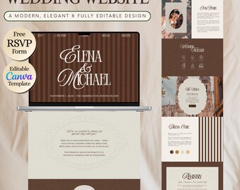 May include: A laptop displays a wedding website design with a brown and white color scheme. The website features the names "Elena & Michael" and the date November 7, 2028. Additional text includes "Free RSVP Form" and "Editable Canva Template."