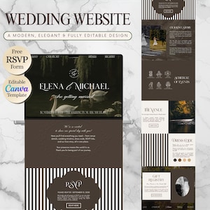 Pode incluir: Um design de site de casamento moderno e elegante. O design apresenta um esquema de cores marrom escuro e branco, com seções para RSVP, história de amor e detalhes do evento. O site inclui os nomes Elena & Michael e a data de novembro de 2008.