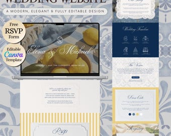 May include: A modern wedding website design with a laptop displaying a wedding invitation. The design includes sections for the couple's story, wedding timeline, venue, dress code, and registry. The website is fully editable.