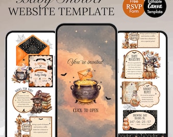 Puede incluir: Una plantilla de sitio web digital para baby shower mostrada en tres pantallas de teléfono. El diseño presenta un tema de Halloween con ilustraciones de calderos, calabazas, búhos y murciélagos. El texto incluye Baby Shower Website Template y CLICK TO OPEN.